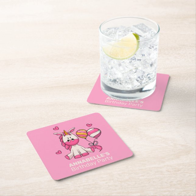 Cute Pink Unicorn Girl Birthday Party Square Paper Coaster (Insitu)