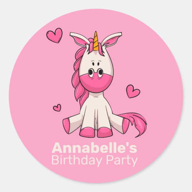 Cute Pink Unicorn Girl Birthday Party Sticker (Front)