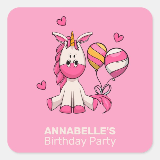 Cute Pink Unicorn Girl Birthday Party Sticker (Front)
