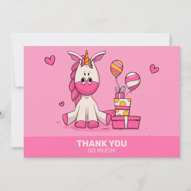 Cute Pink Unicorn Girl Birthday Party Thank You Card (Front)