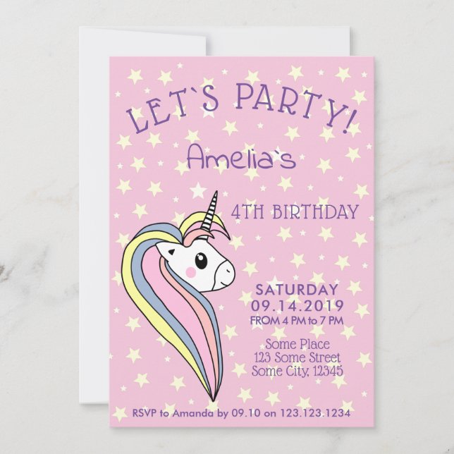 Cute Pink Unicorn Girly Kids Birthday Invitation (Front)