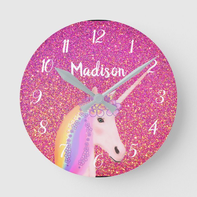 Cute Pink Unicorn Glitter Personalised Kids Round Clock (Front)