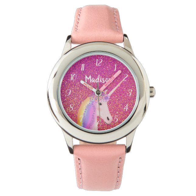 Cute Pink Unicorn Glitter Personalised Kids Watch (Front)