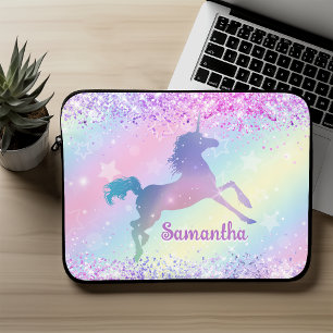Cute pink unicorn Glitter rainbow art monogram Laptop Sleeve