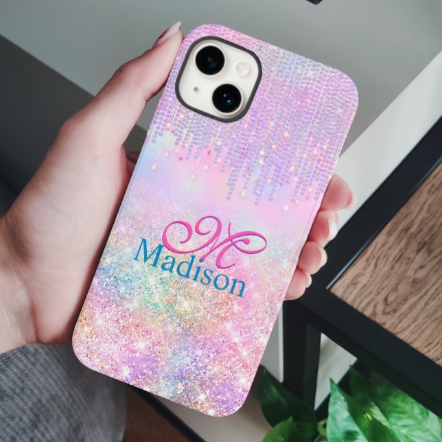 Cute Pink Unicorn Glitter rhinestone Drip monogram Case-Mate iPhone Case (Creator Uploaded)