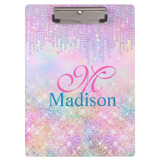Cute Pink Unicorn Glitter rhinestone Drip monogram Clipboard (Front)