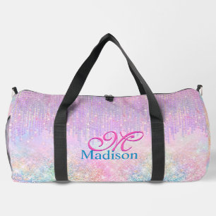 Cute Pink Unicorn Glitter rhinestone Drip monogram Duffle Bag