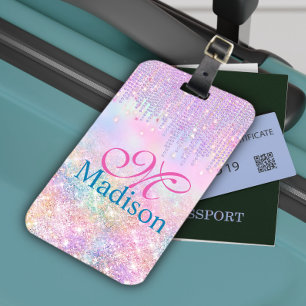 Cute Pink Unicorn Glitter rhinestone Drip monogram Luggage Tag