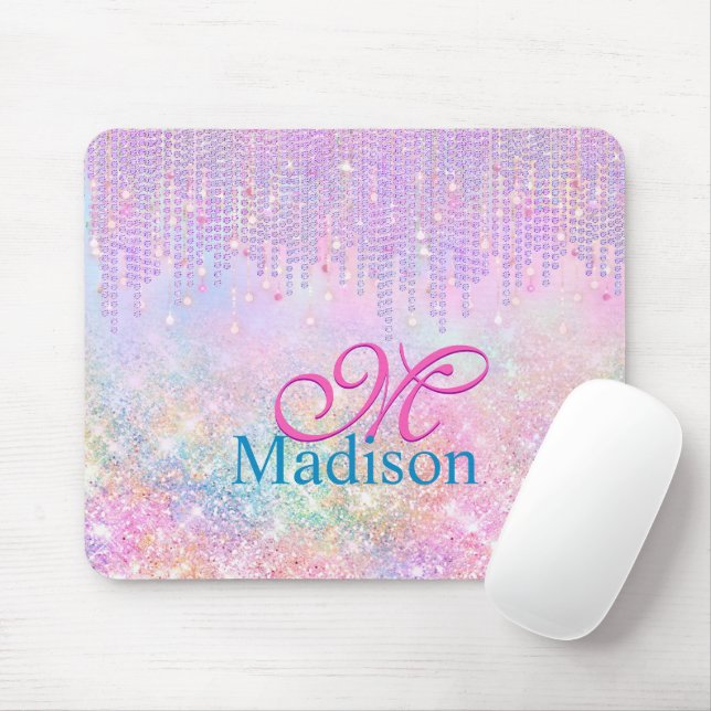 Cute Pink Unicorn Glitter rhinestone Drip monogram Mouse Mat (With Mouse)