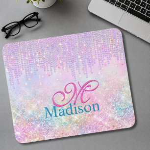 Cute Pink Unicorn Glitter rhinestone Drip monogram Mouse Mat