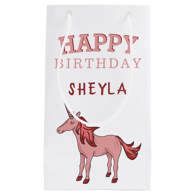 Cute Pink Unicorn Happy Birthday Kids Name Small Gift Bag (Front)