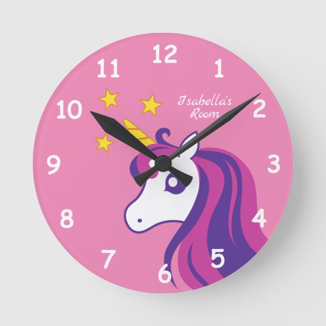 Cute pink unicorn kid's bedroom nursery room round clock (Front)