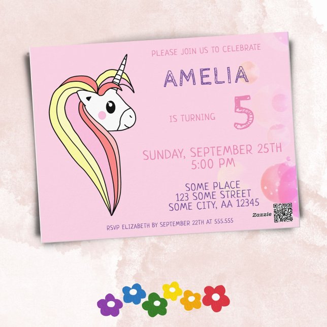Cute Pink Unicorn Kids Birthday Party Invitation Postcard (Creator Uploaded)