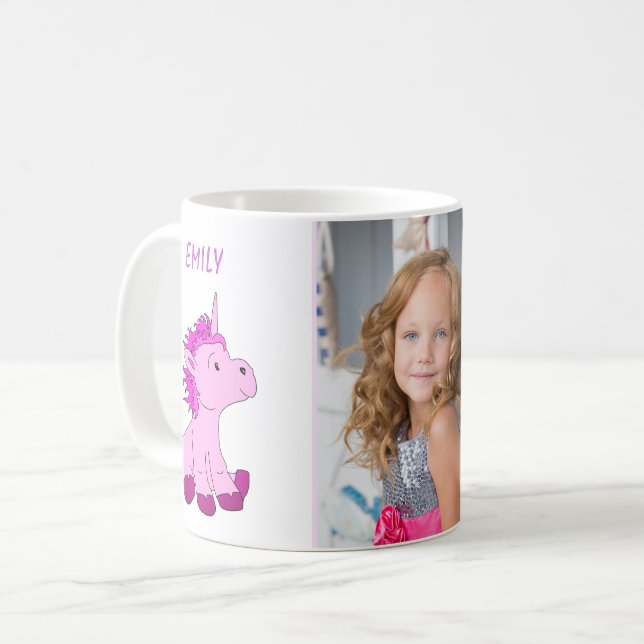 Cute Pink Unicorn Kids Photo Coffee Mug (Front Left)