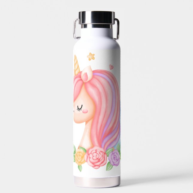 Cute Pink Unicorn kids Water Bottle (Front)