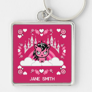 Cute Pink Unicorn Land And Castle Key Ring