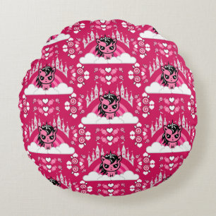 Cute Pink Unicorn Land And Castle  Round Cushion