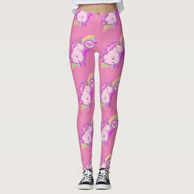 Cute Pink Unicorn Love Pattern Leggings (Front)