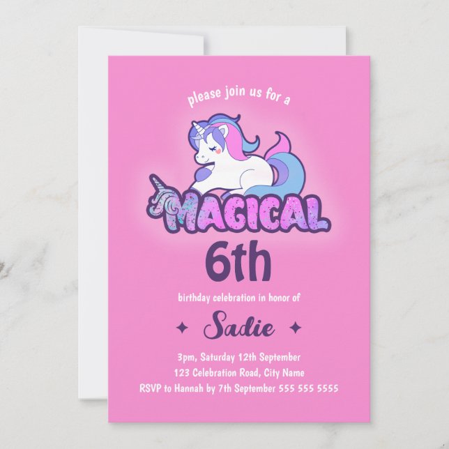 Cute Pink Unicorn Magical Any Age 6th Birthday Invitation (Front)