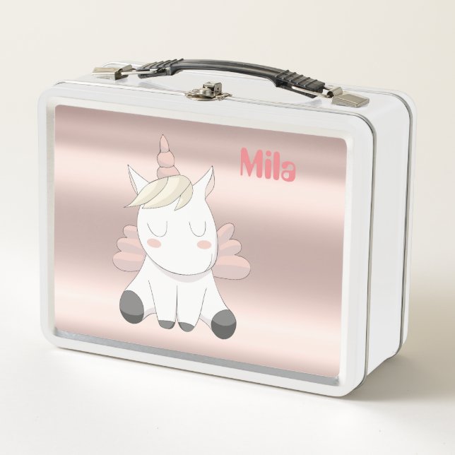 Cute pink unicorn metal lunch box (Front)