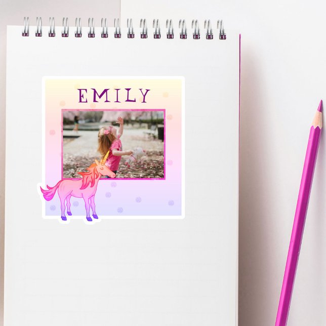 Cute Pink Unicorn Name Photo Kids Sticker (Creator Uploaded)