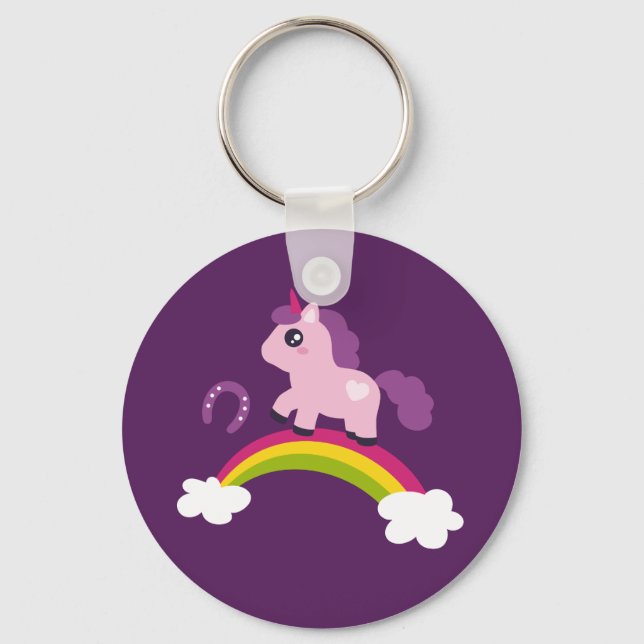 Cute Pink Unicorn on a Rainbow Key Ring (Front)
