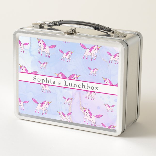 Cute pink unicorn pattern personalised name metal lunch box (Front)