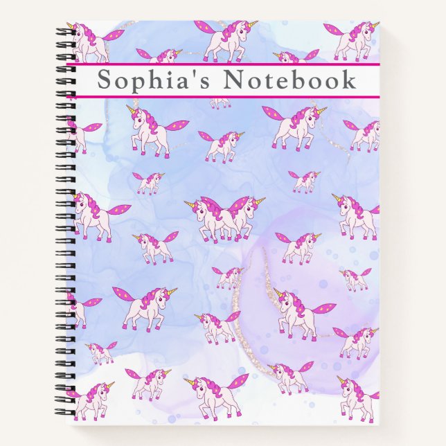 Cute pink unicorn pattern personalised name notebook (Front)