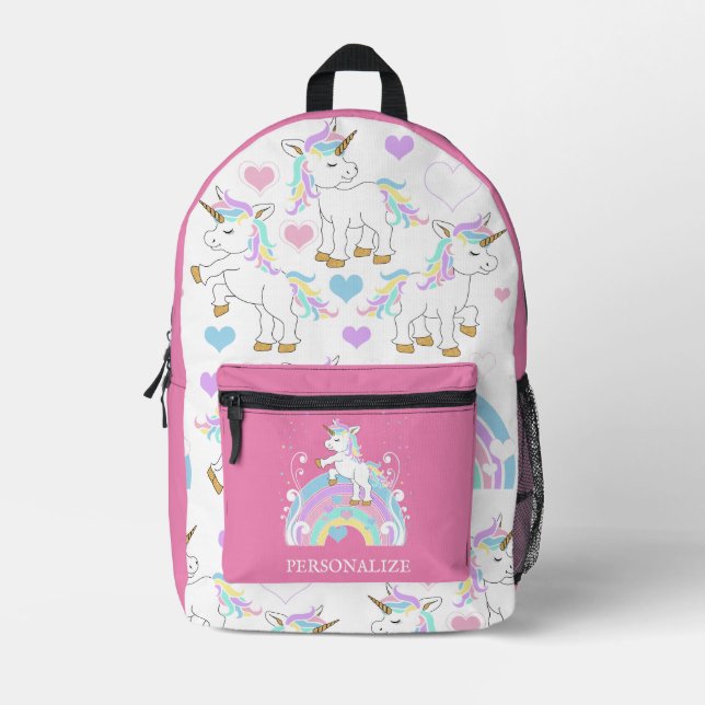 Cute Pink Unicorn - Personalise Printed Backpack (Front)