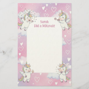 Cute Pink Unicorn Personalised Mitzvah Note Stationery