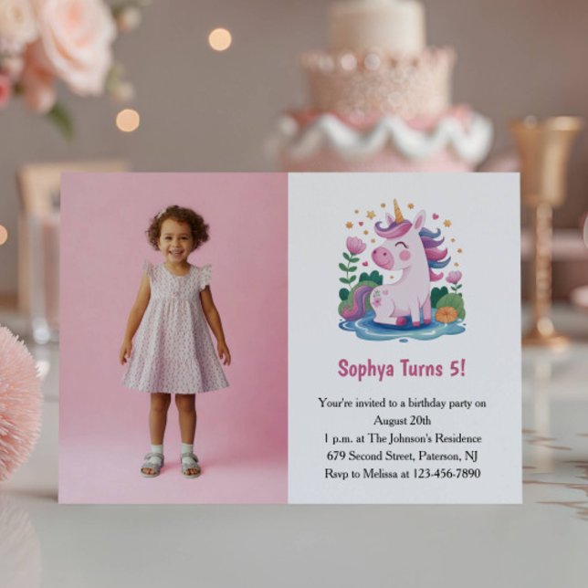 Cute Pink Unicorn Photo Kids Birthday Party Invitation (Creator Uploaded)