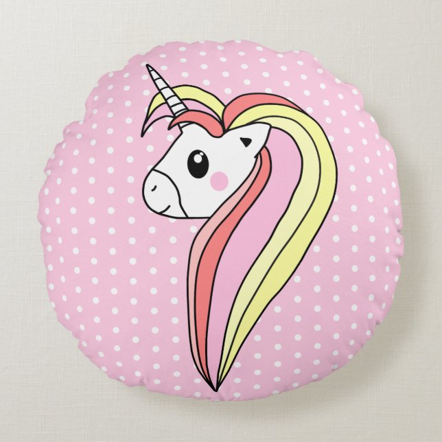 Cute Pink Unicorn Polka Dot Pattern Girly Round Cushion (Front)