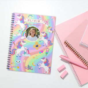 Cute Pink Unicorn Rainbow Custom Name Photo Notebook