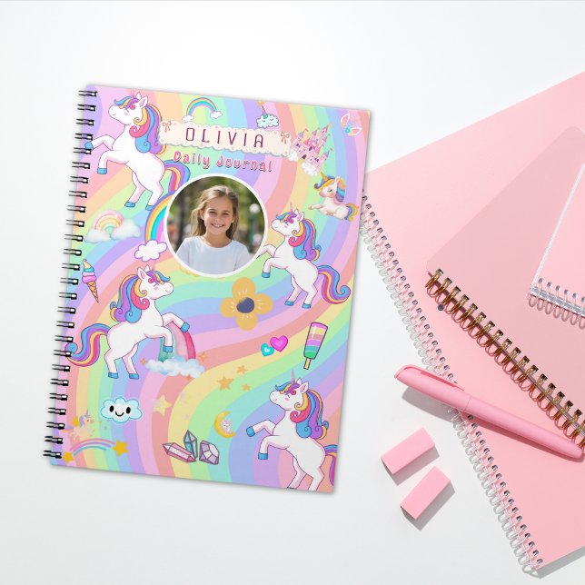 Cute Pink Unicorn Rainbow Custom Name Photo Notebook (Creator Uploaded)