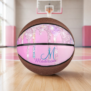Cute Pink Unicorn Rainbow Glitter Drips Mini Basketball