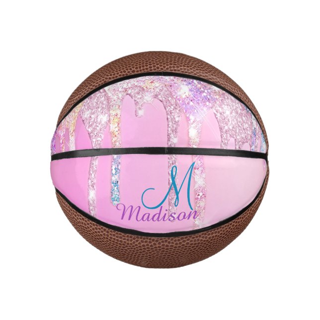 Cute Pink Unicorn Rainbow Glitter Drips Mini Basketball (Front)