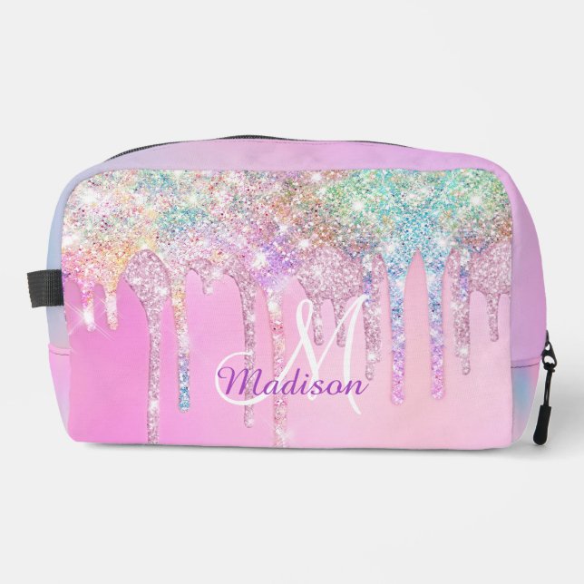 Cute Pink Unicorn Rainbow Glitter Drips monogram A Dopp Kit (Front)