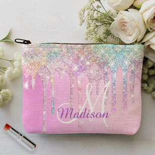 Cute Pink Unicorn Rainbow Glitter Drips monogram Accessory Pouch