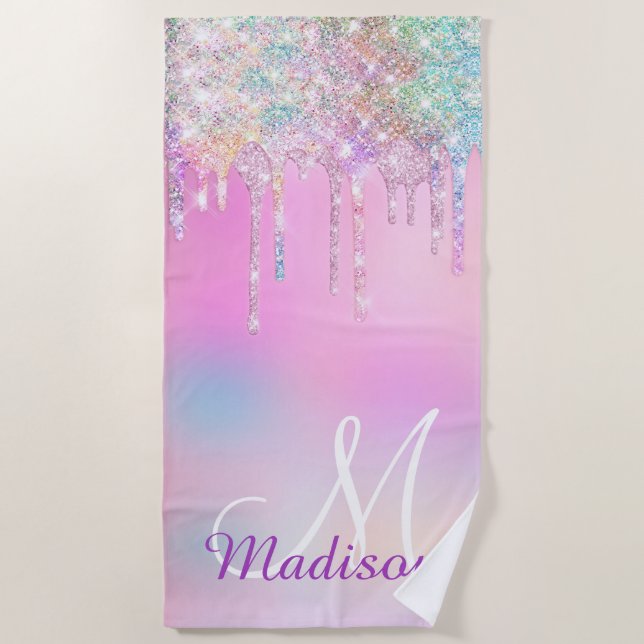 Cute Pink Unicorn Rainbow Glitter Drips monogram Beach Towel (Front)