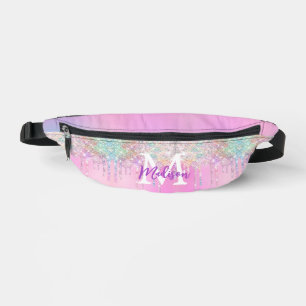 Cute Pink Unicorn Rainbow Glitter Drips monogram Bum Bags