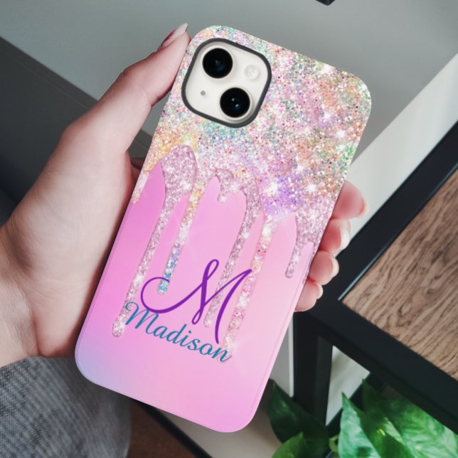Cute Pink Unicorn Rainbow Glitter Drips monogram  Case-Mate iPhone Case