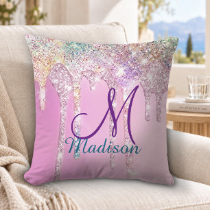 Cute Pink Unicorn Rainbow Glitter Drips monogram Cushion