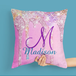 Cute Pink Unicorn Rainbow Glitter Drips monogram Cushion