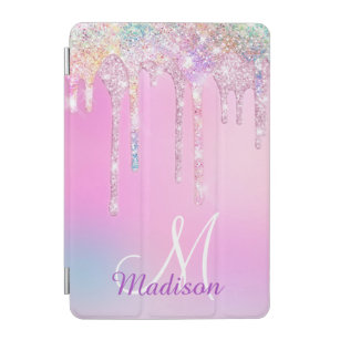 Cute Pink Unicorn Rainbow Glitter Drips monogram iPad Mini Cover