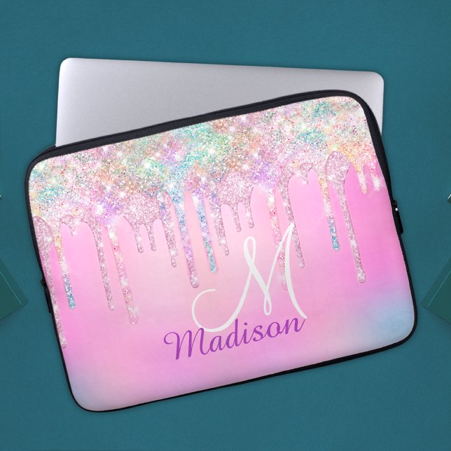 Cute Pink Unicorn Rainbow Glitter Drips monogram Laptop Sleeve (Creator Uploaded)