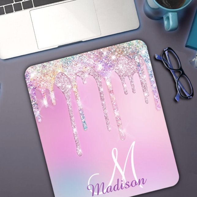 Cute Pink Unicorn Rainbow Glitter Drips monogram Mouse Mat (Creator Uploaded)