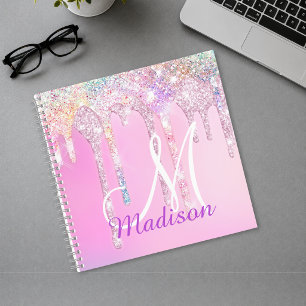 Cute Pink Unicorn Rainbow Glitter Drips monogram N Notebook