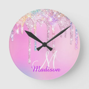 Cute Pink Unicorn Rainbow Glitter Drips monogram Round Clock