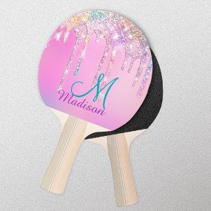 Cute Pink Unicorn Rainbow Glitter Drips Ping Pong Paddle