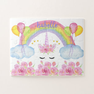 Cute Pink Unicorn Rainbow Glitter Hearts Jigsaw Puzzle